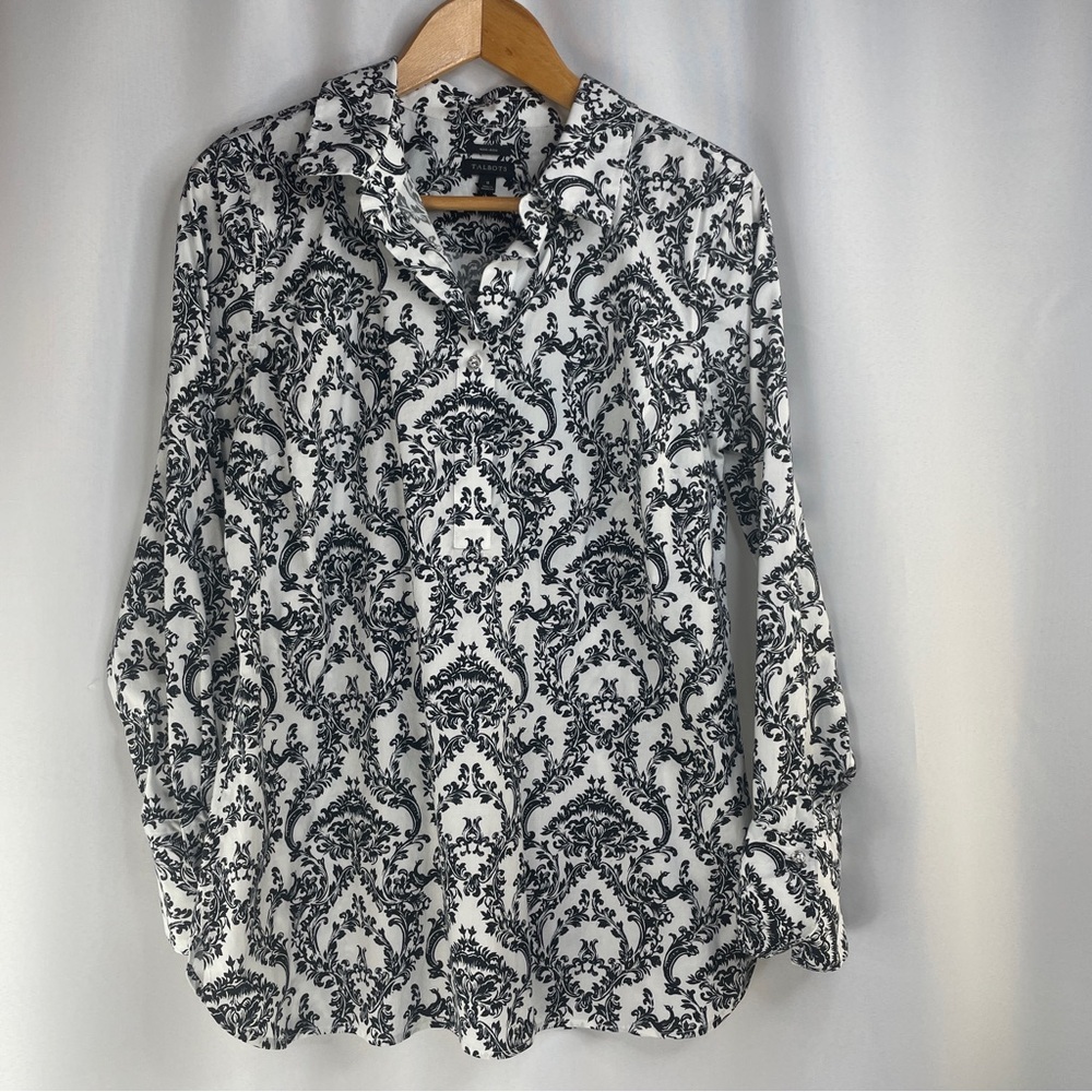 Talbots Non-Iron Cotton Blend Damask Pattern Rhinestones Black White Size 8